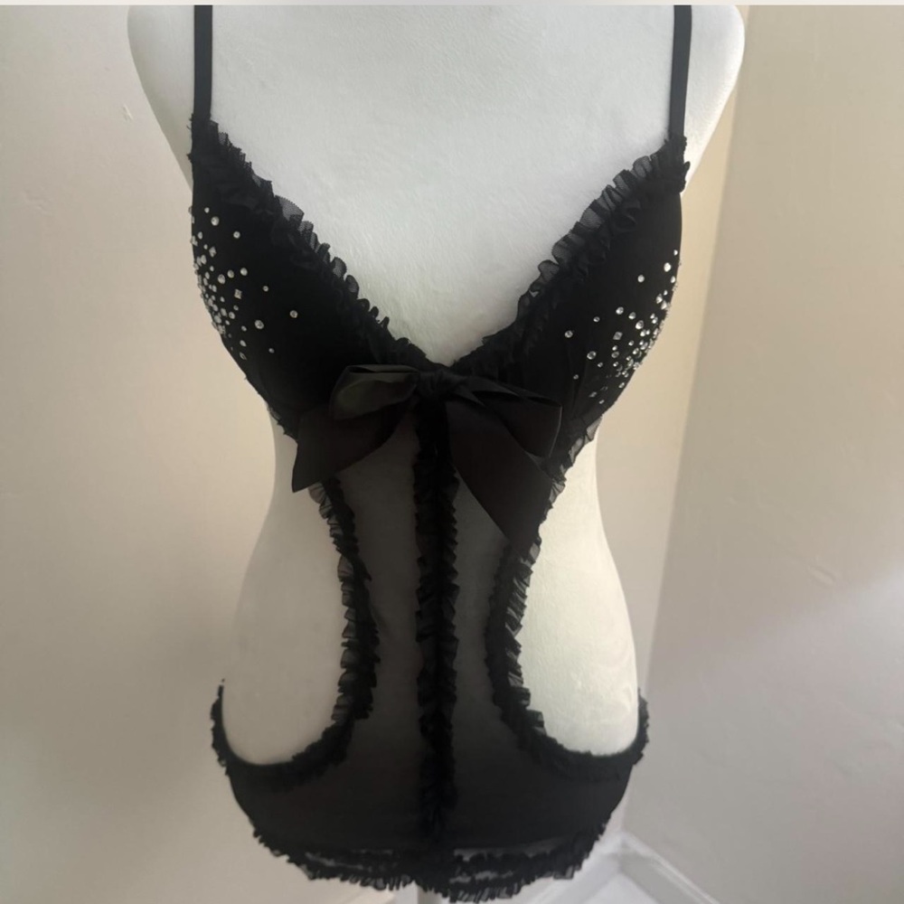 Black mesh crystal embroidered bodysuit